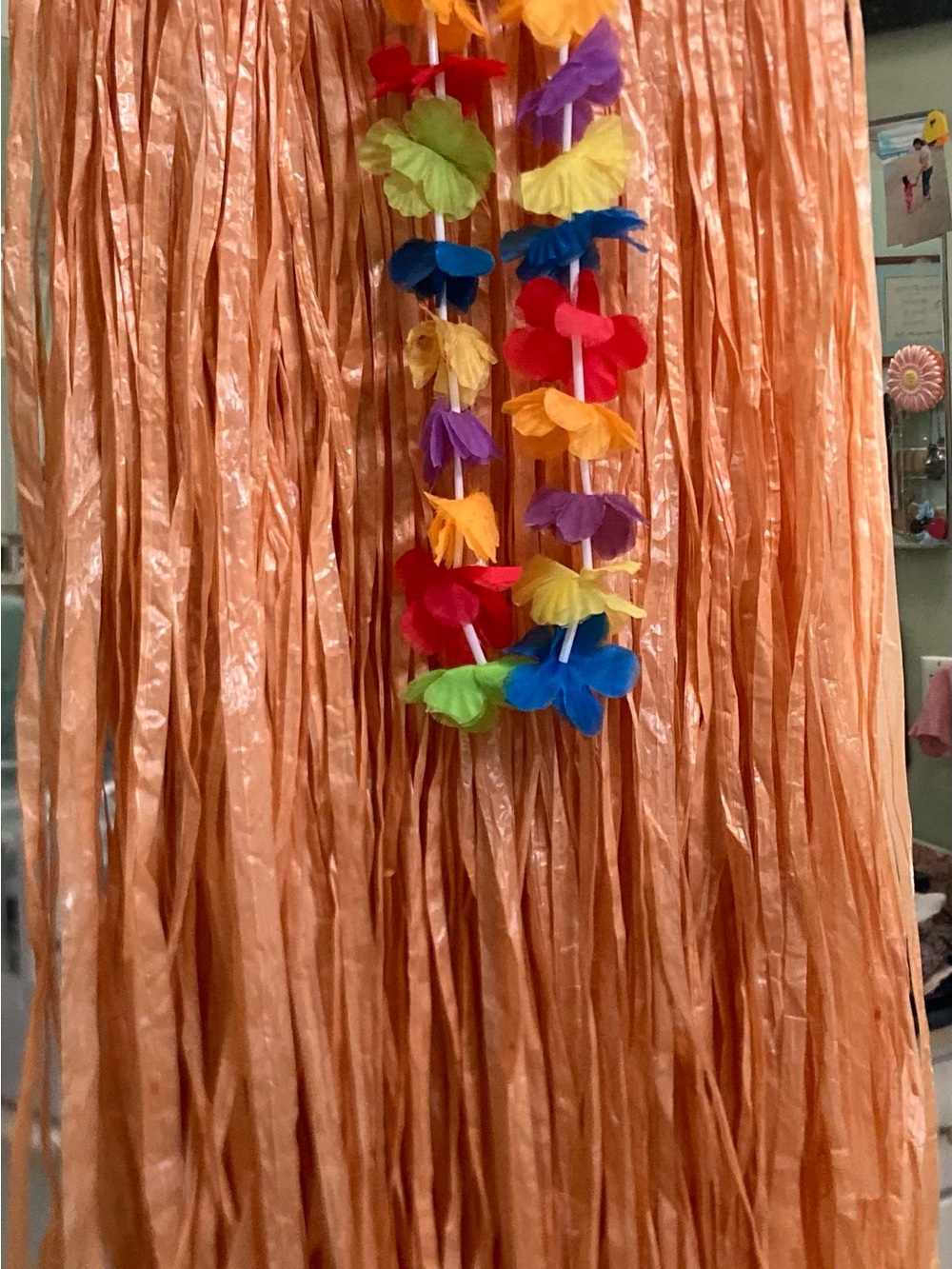 Peach Fringe Hula Skirt with Multi-Color Flower Lei